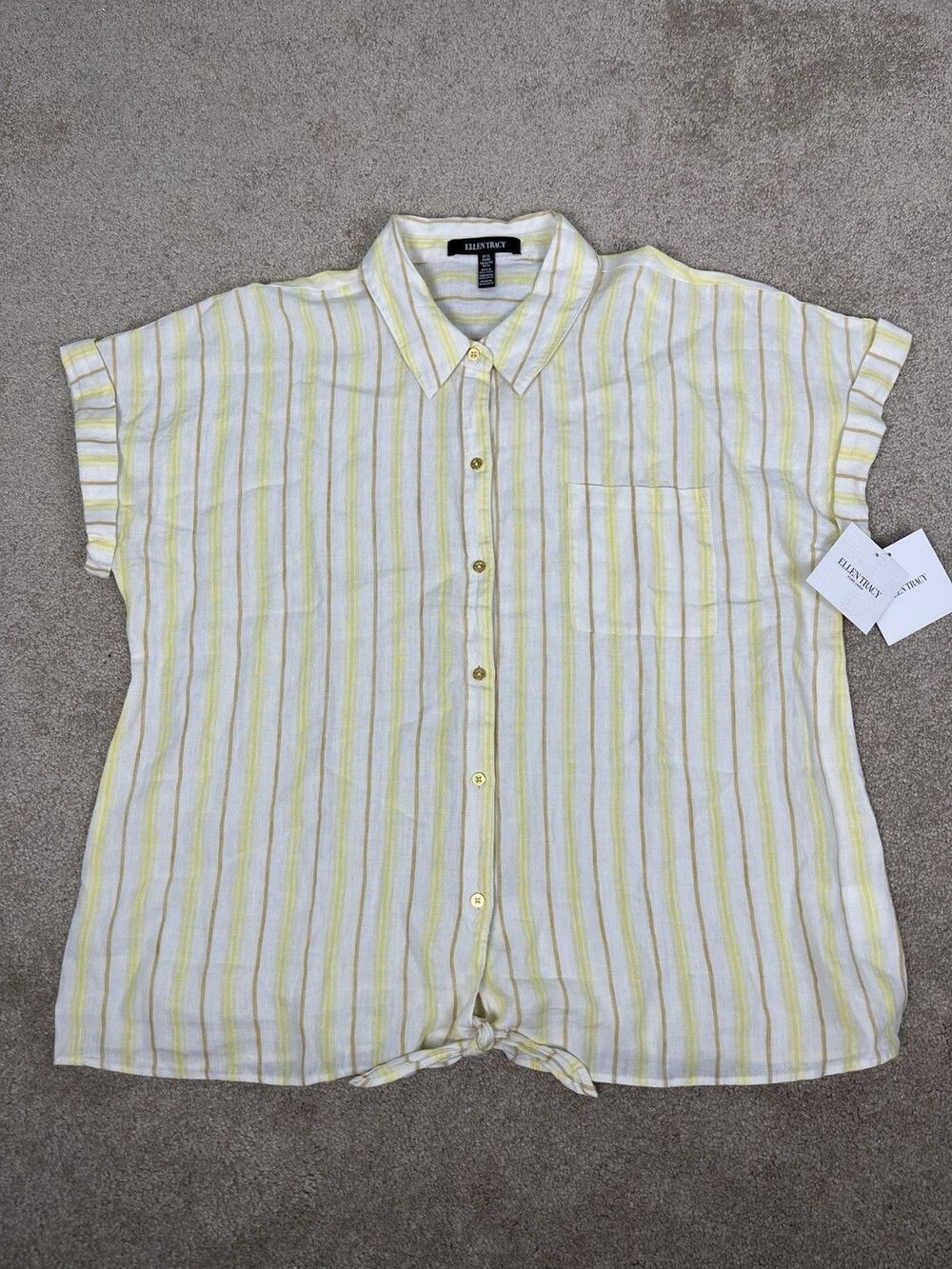 NWT Ellen Tracy XL Striped Collared Button-Up Linen Yellow White‎ Tie Front Top